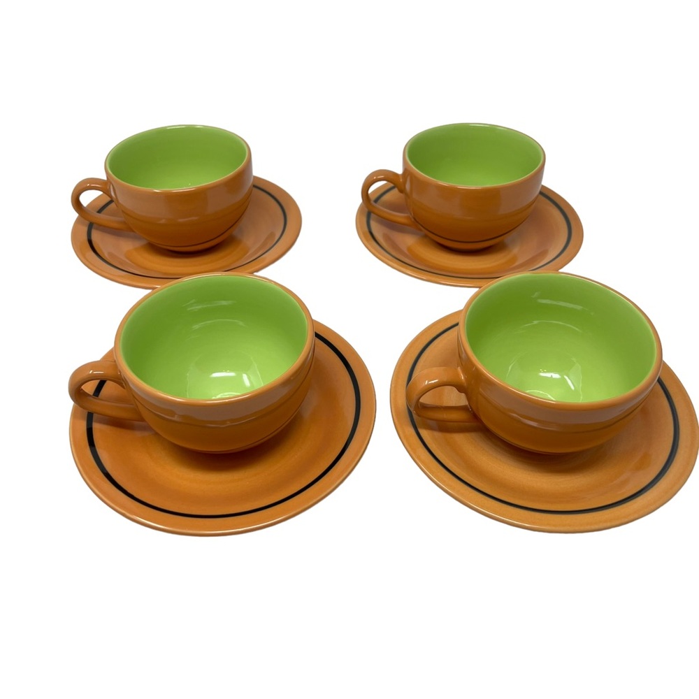 Global Amici Orange Green Two Tone Black Swirl Large Cup and Saucer set of 4